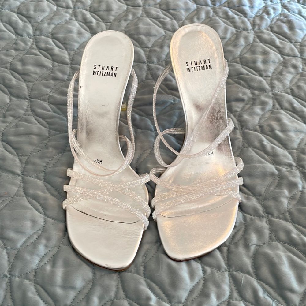 Stuart Weitzman, silver and Lucite heeled shoes, size 8 1/2